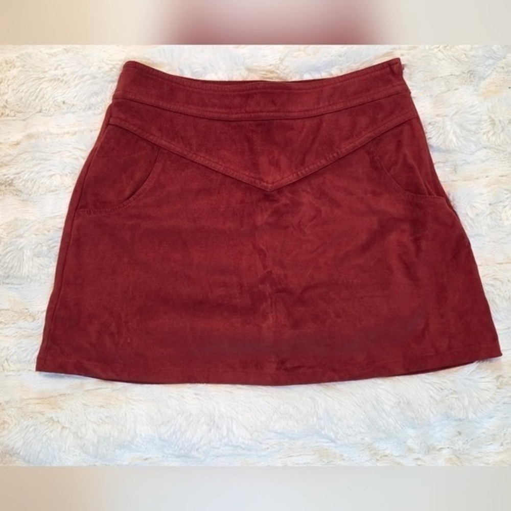 Red Faux Suede Mini Skirt 90s Y2K Aesthetic Fitted Side Zip Size Small - Picture 2 of 6